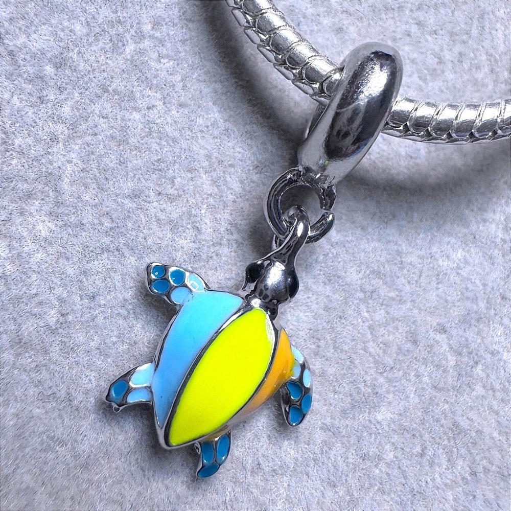 Enamel Turtle Charm Bead Blue Yellow Orange Silver Dangle Charm Fits Pandora